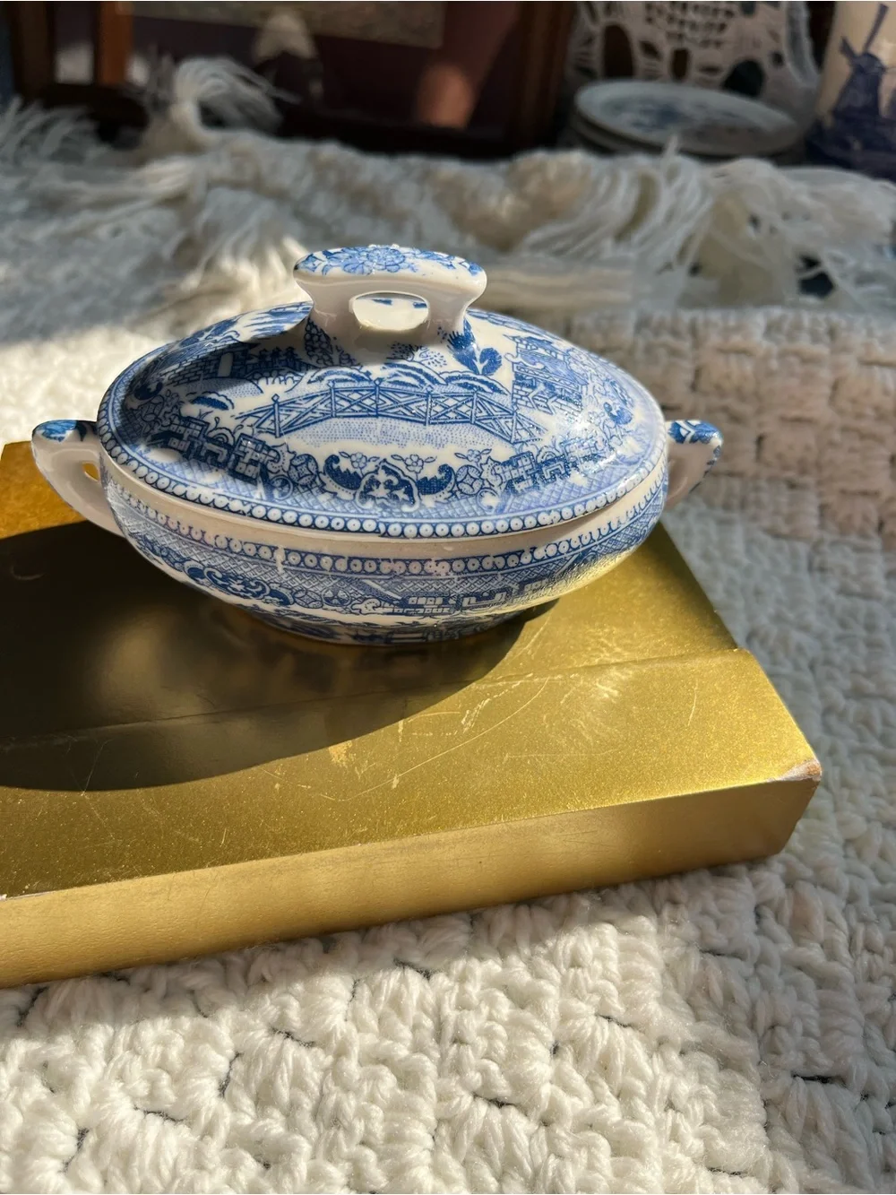 Blue and White Covered Porcelain Dish from a Children’s Dish Set Collection Rare